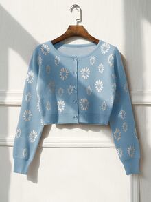 Daisy Pattern Button Front Cardigan - Baby Blue - View 4