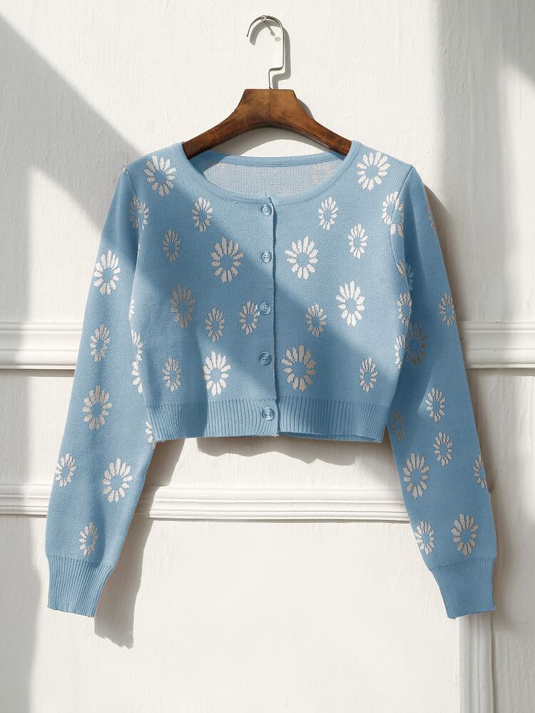 Daisy Pattern Button Front Cardigan - Baby Blue - View 4