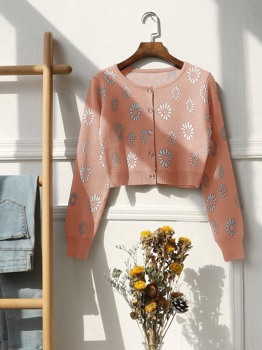 Daisy Pattern Button Front Cardigan - Dusty Pink - View 1