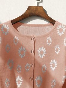 Daisy Pattern Button Front Cardigan - Dusty Pink - View 3
