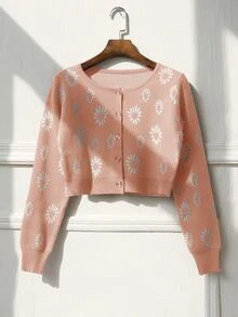 Daisy Pattern Button Front Cardigan - Dusty Pink - View 5