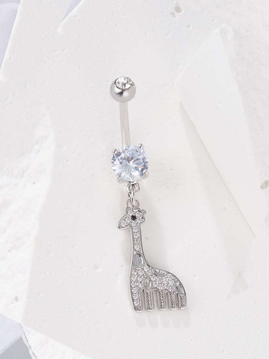 Cubic Zirconia Giraffe Charm Navel Belly Ring - Silver - View 1