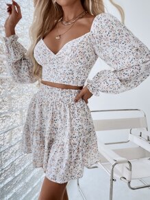 SHEIN Holidaya 小碎花雞心領口荷葉袖上衣和荷葉邊半身裙