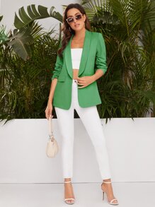 SHEIN BIZwear 青果領收褶袖翻蓋細節西裝外套工作服 - 綠色 - 查看 4