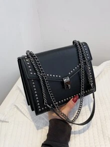 Waterproof,Lightweight,Business Casual Studded Decor Flap Chain Shoulder Bag For Teen Girls Women College Students,Rookies & White-collar Workers Perfect for Office,College,Work ,Business,Commute - Black - View 8