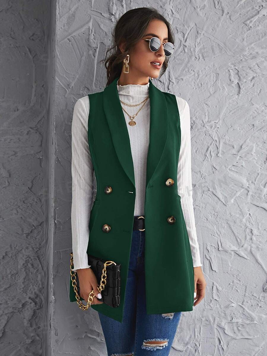 SHEIN Clasi Chaleco blazer de doble botonadura con cuello de chal para otoño/invierno - Verde Oscuro - Ver 1