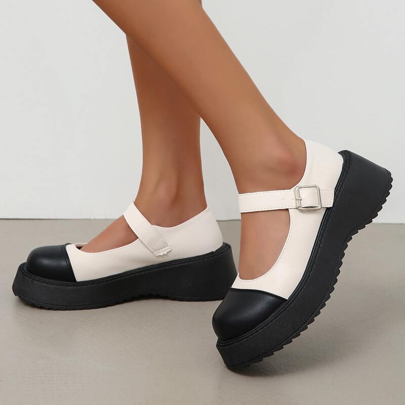 

Colorblock Platform Mary Janes, Black and white