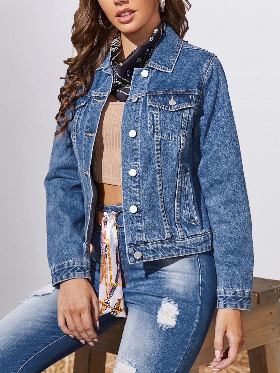 כפתור כפתורים קדמיים פשוט קז'ואל ז'קט ג'ינס - שטיפה בינונית - ראה 1