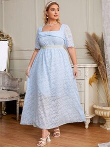 Plus Square Neck Fuzzy A-line Dress - Baby Blue - View 2