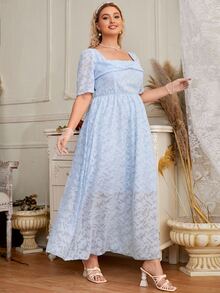 Plus Square Neck Fuzzy A-line Dress - Baby Blue - View 4