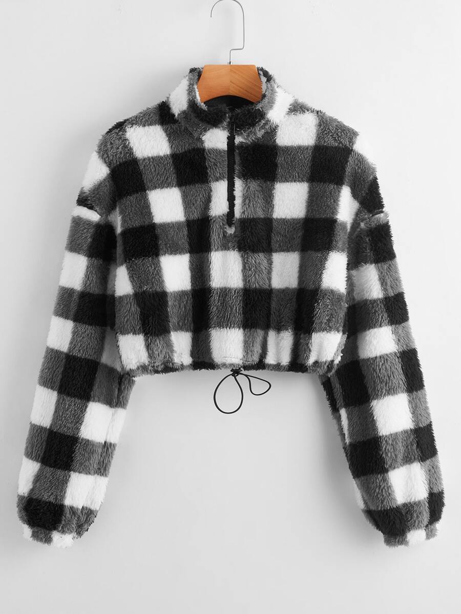 SHEIN Plus Buffalo Plaid Zip Half Placket Teddy Sweatshirt - Black and White - View 1