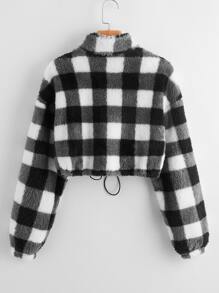 SHEIN Plus Buffalo Plaid Zip Half Placket Teddy Sweatshirt - Black and White - View 2