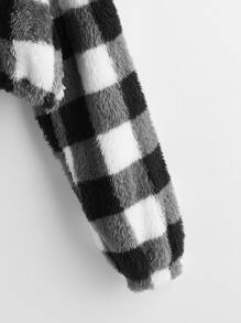 SHEIN Plus Buffalo Plaid Zip Half Placket Teddy Sweatshirt - Black and White - View 3