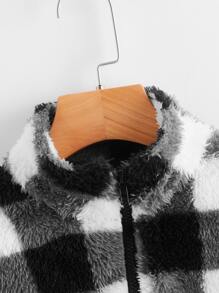 SHEIN Plus Buffalo Plaid Zip Half Placket Teddy Sweatshirt - Black and White - View 4
