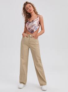 SHEIN EZwear 高腰傾斜口袋直筒牛仔褲 - 卡其色 - 查看 4