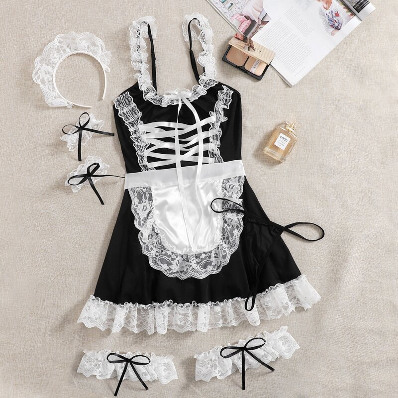 

7pack Contrast Lace Costume Set, Black and white