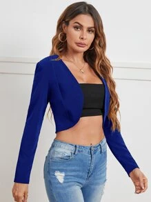 SHEIN Unity Solid Open Front Crop Jacket In Fall/Winter - Royal Blue - View 4