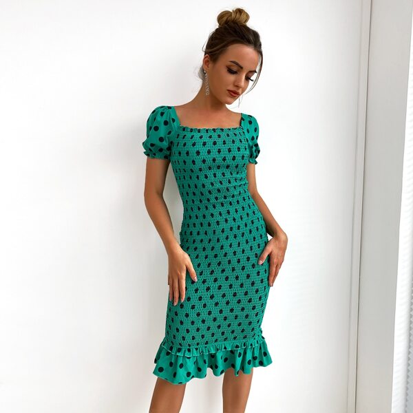 

Polka Dot Shirred Ruffle Hem Dress, Green