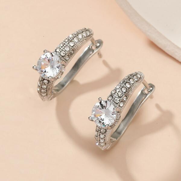 

Zircon Decor Hoop Earrings, Silver