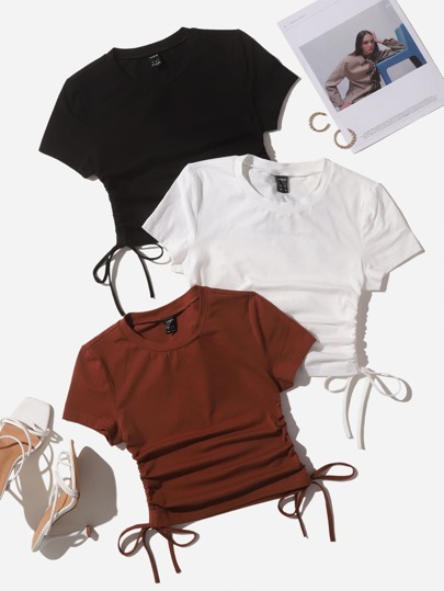 SHEIN EZwear تي شيرتات الرباط الثنية الصاف كاجوال