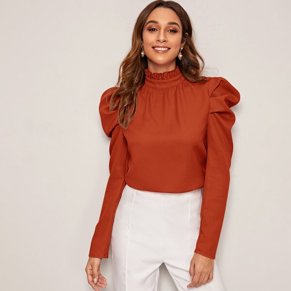 

Frilled Neck Gigot Sleeve Top, Rust brown