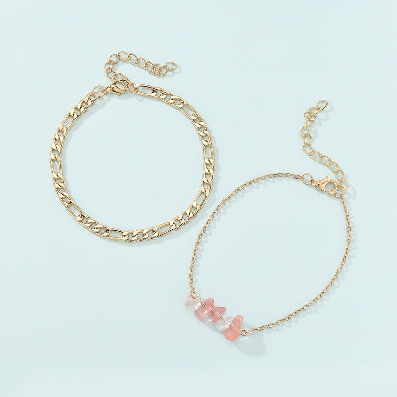 

2pcs Stone Beaded Chain Bracelet, Gold