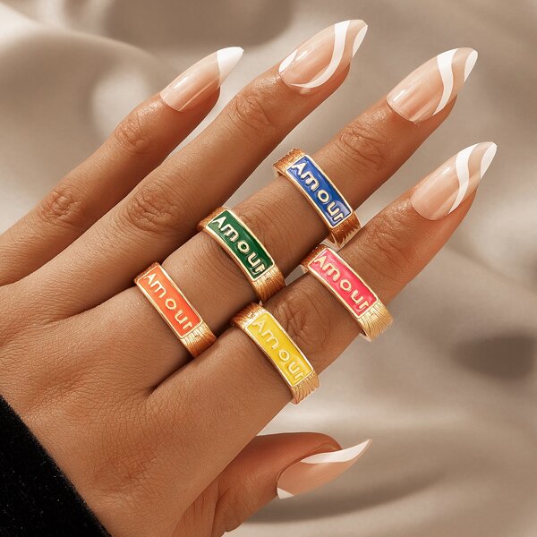 

5pcs Letter Pattern Ring, Gold