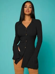 SHEIN SXY Ribbed Knit Split Sleeve Button Up Top - Black - View 1
