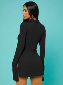 SHEIN SXY Ribbed Knit Split Sleeve Button Up Top - Black - View 2