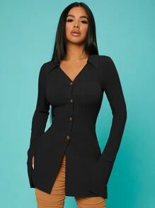 SHEIN SXY Ribbed Knit Split Sleeve Button Up Top - Black - View 3