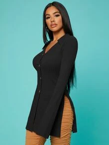 SHEIN SXY Ribbed Knit Split Sleeve Button Up Top - Black - View 4