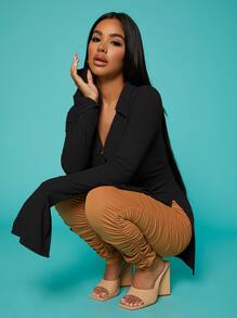 SHEIN SXY Ribbed Knit Split Sleeve Button Up Top - Black - View 5