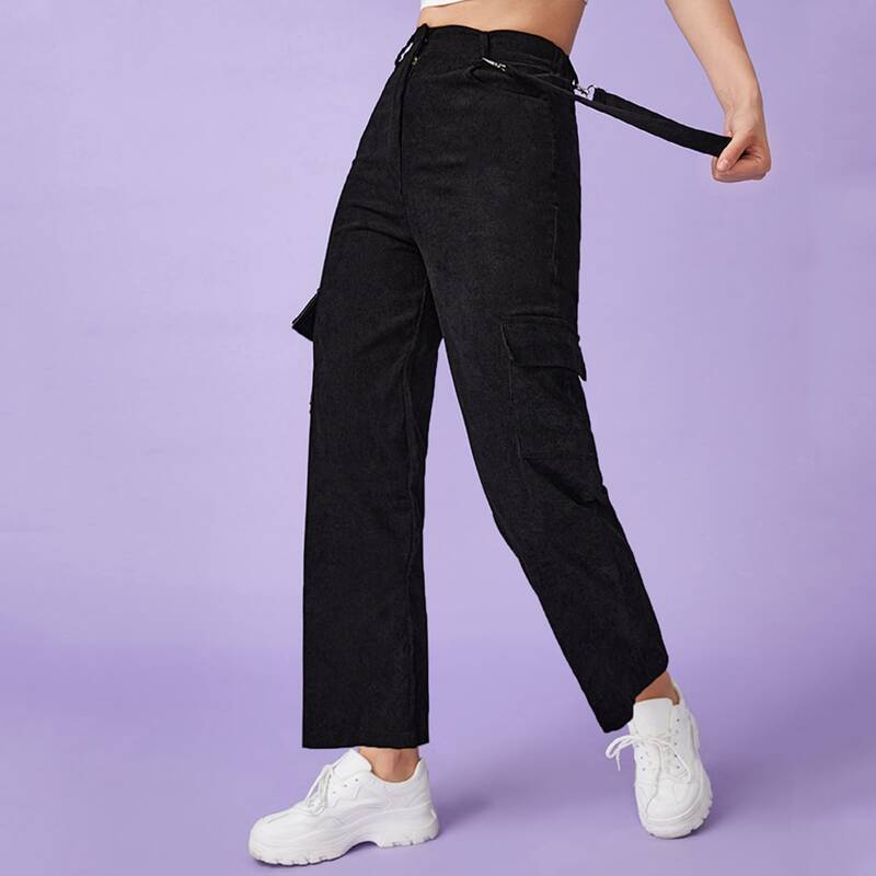 

Solid Flap Pocket Cargo Pants With Chain, Black
