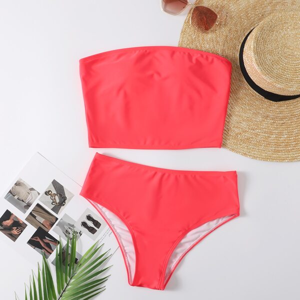 

Plain Bandeau High Waisted Bikini Swimsuit, Watermelon pink