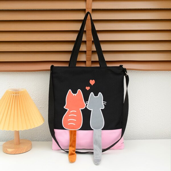 

Cartoon Graphic Shoulder Tote Bag, Black