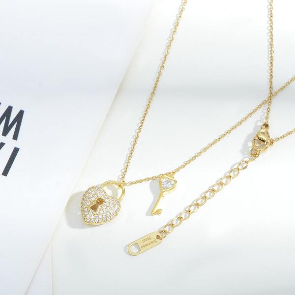 

14K Gold Plated Zircon Key & Lock Charm Necklace