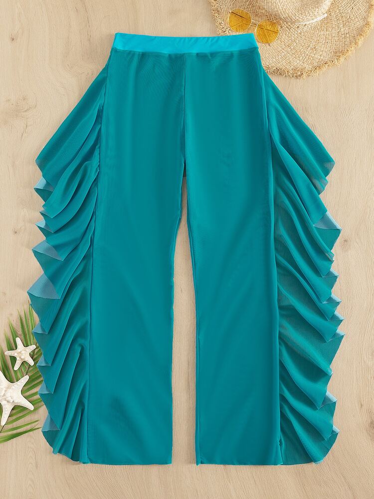 Plain Ruffle Trim Cover Up Pants, For Summer Beach Vacation - Blue - View 3