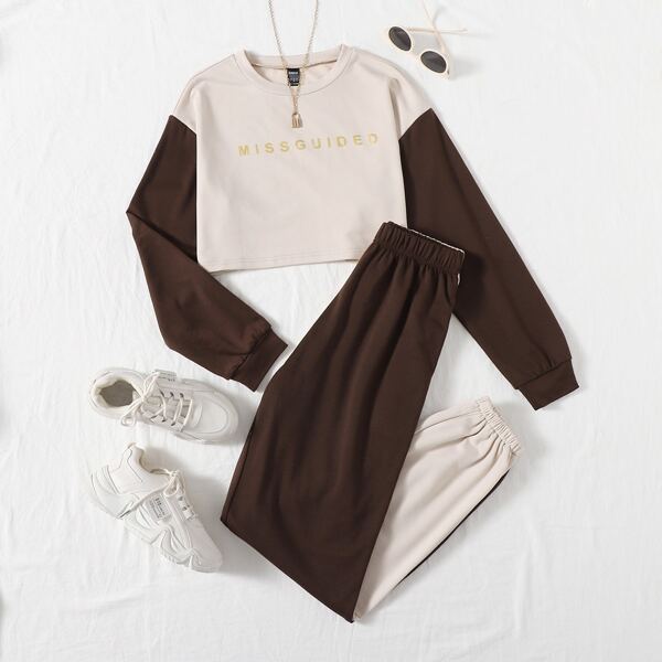

Two Tone Letter Graphic Sweatshirt & Sweatpants, Multicolor
