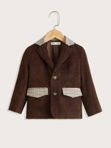 SHEIN 小男童格紋翻蓋細節西裝領外套