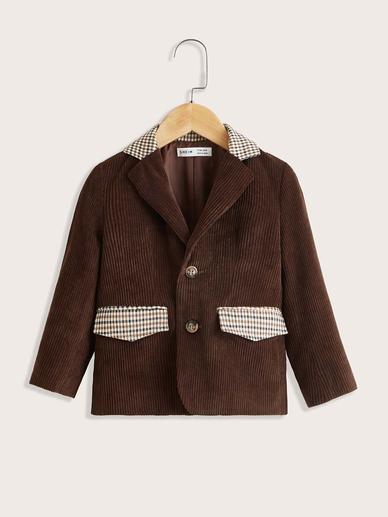 SHEIN 小男童格紋翻蓋細節西裝領外套