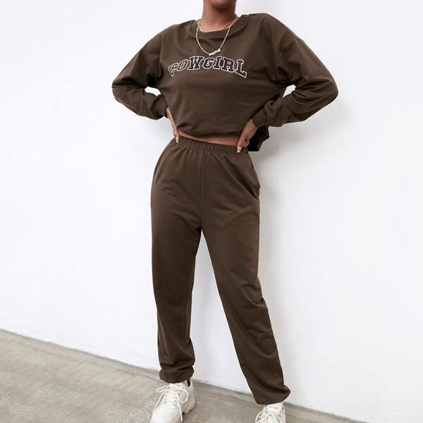 

Letter Graphic Drop Shoulder Pullover & Slant Pocket Sweatpants, Chocolate brown