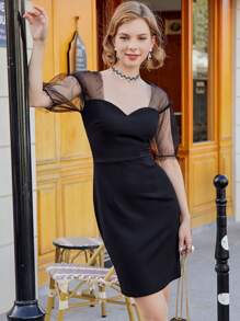 MIUSOL Sheer Mesh Yoke Puff Sleeve Fitted Dress - Black - View 1