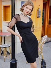 MIUSOL Sheer Mesh Yoke Puff Sleeve Fitted Dress - Black - View 3