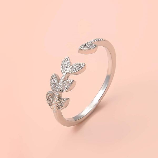 

Zircon Leaf Design Cuff Ring, Silver