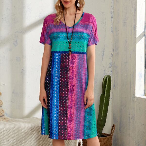 

Colorful Polka Dot Print Block Striped Dress, Multicolor