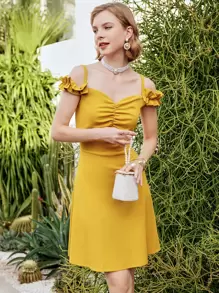 MIUSOL 褶邊挖肩前收褶洋裝 - 黃色 - 查看 1