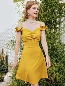 MIUSOL 褶邊挖肩前收褶洋裝 - 黃色 - 查看 3