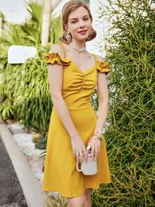 MIUSOL 褶邊挖肩前收褶洋裝 - 黃色 - 查看 4