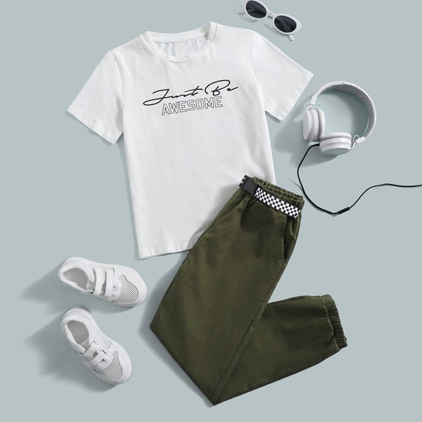 

Boys Letter Graphic Tee & Belted Pants Set, Multicolor