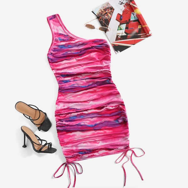 

Tie Dye One Shoulder Drawstring Hem Bodycon Dress, Multicolor